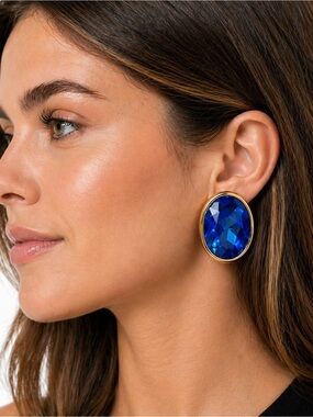 Vintage Blue Glass Clip-On Earrings Large Oval Gold Tone Statement Germany Style